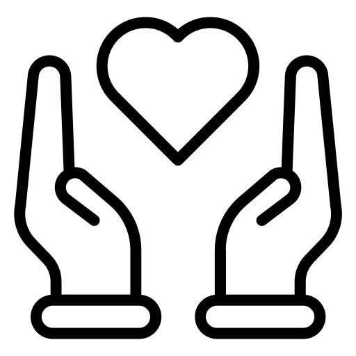 Outline of two hands with a outline of a cartoon heart in the middle