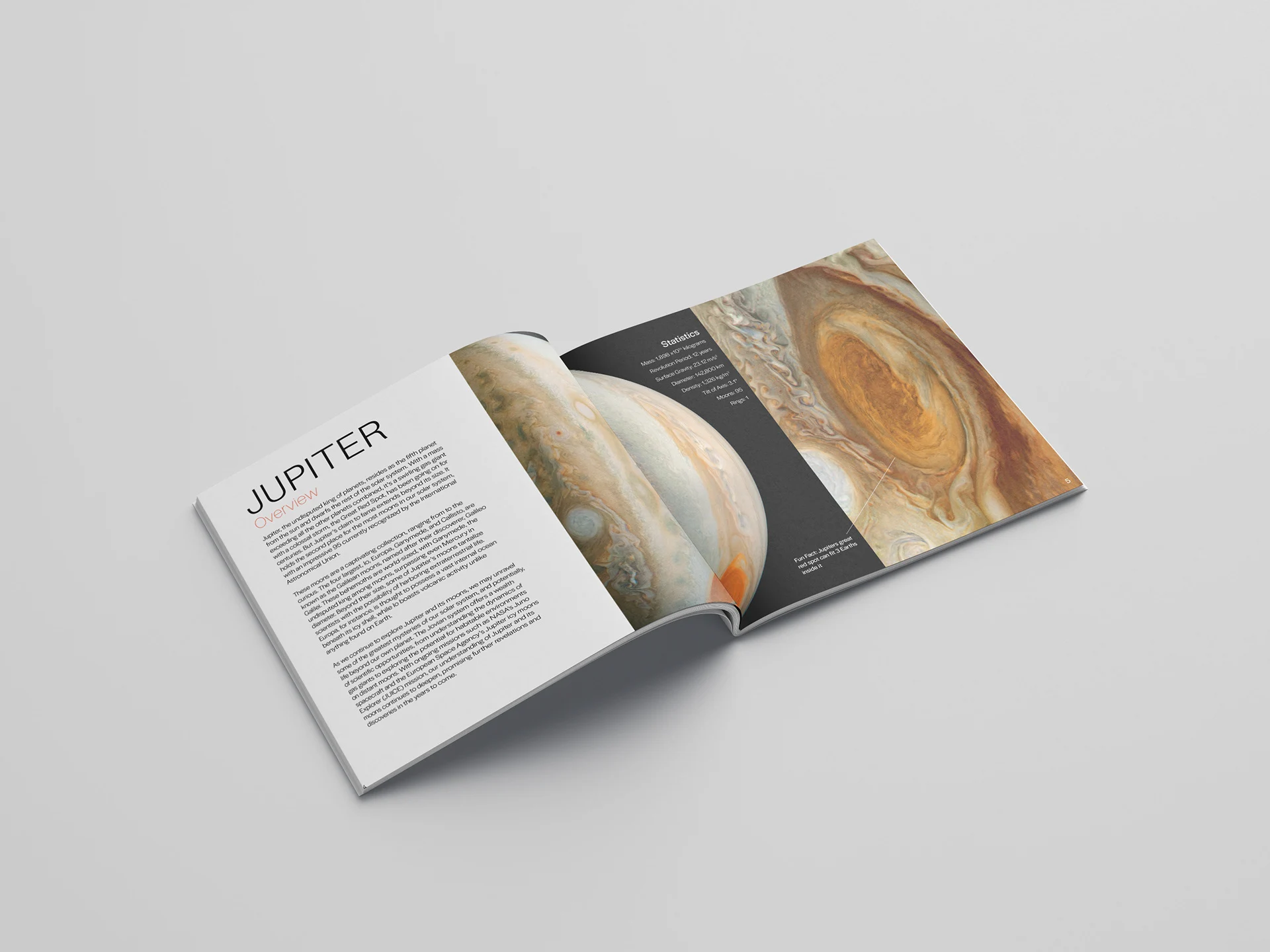 Mockup of a brochure about jupiter and its moons with a white backdrop