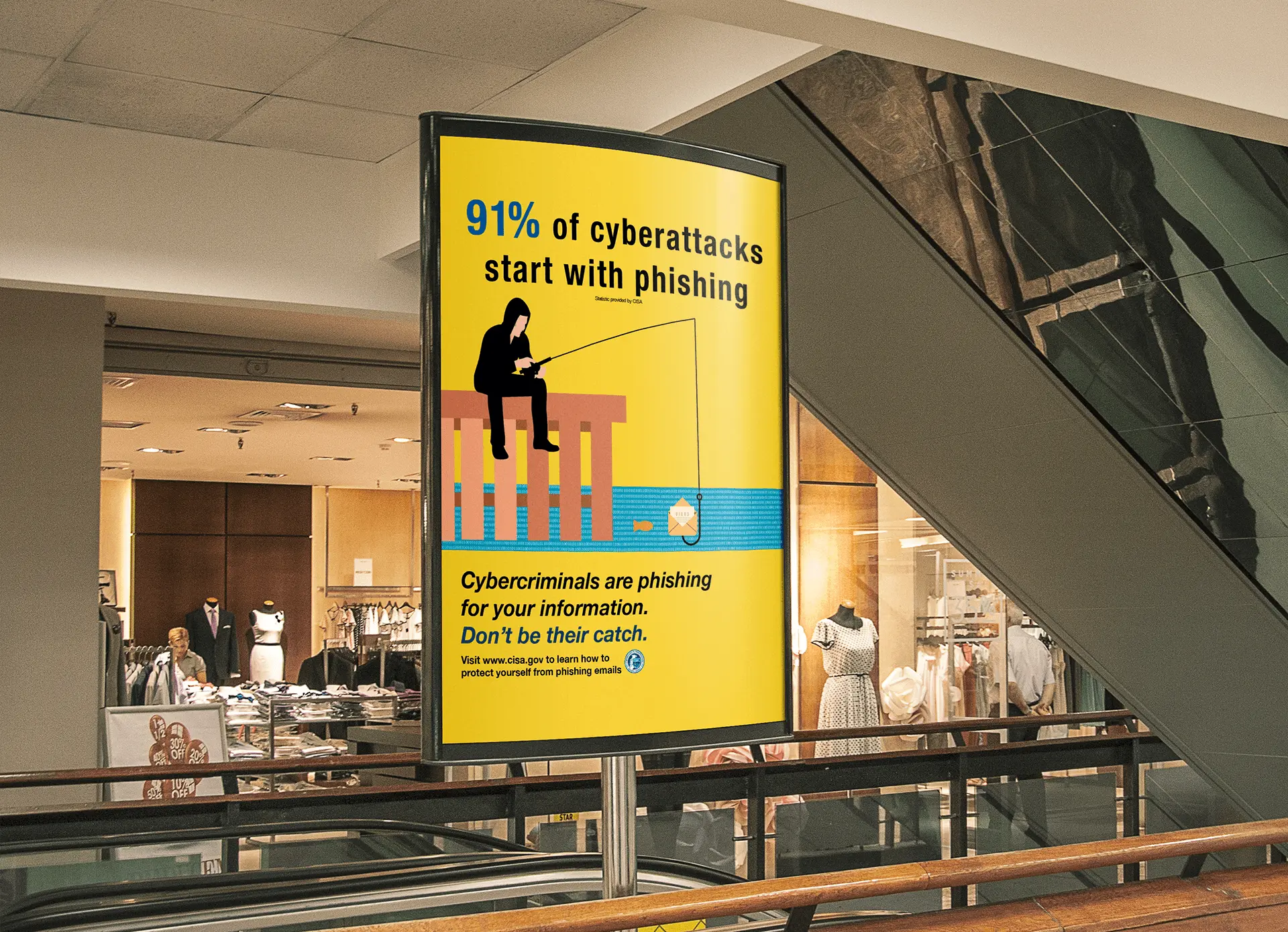 Mockup of my Cybersecurity awareness poster in a mall