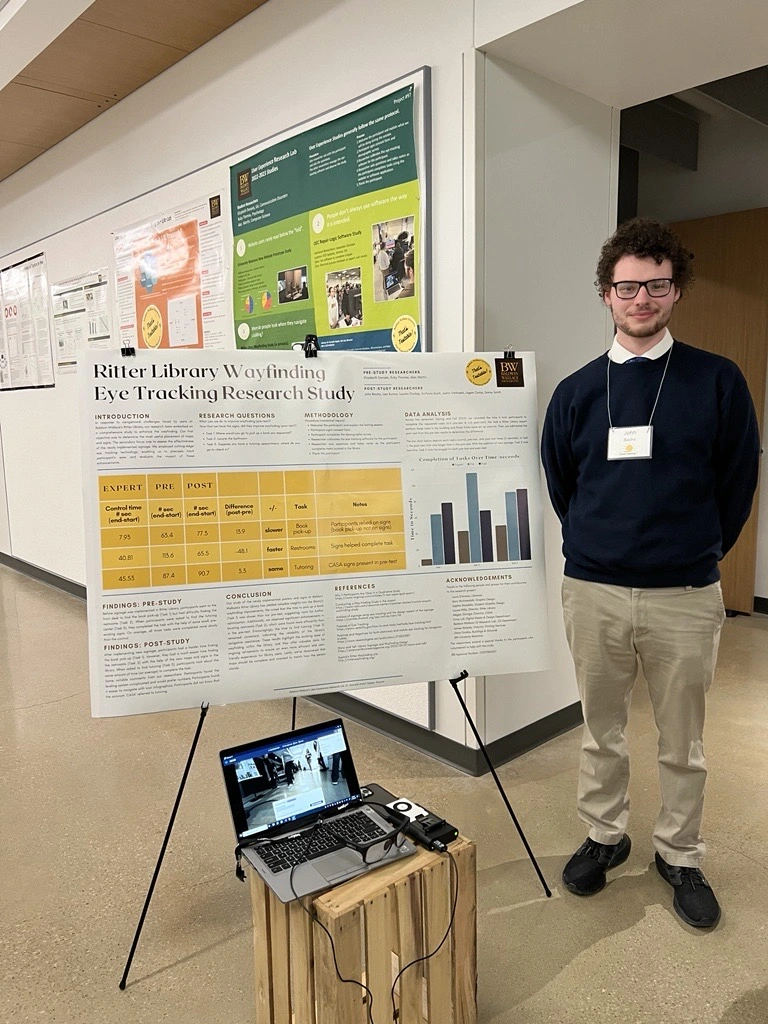 Photo of me standing infront of our CEMS poster about wayfinding tracking in the Ritter Library